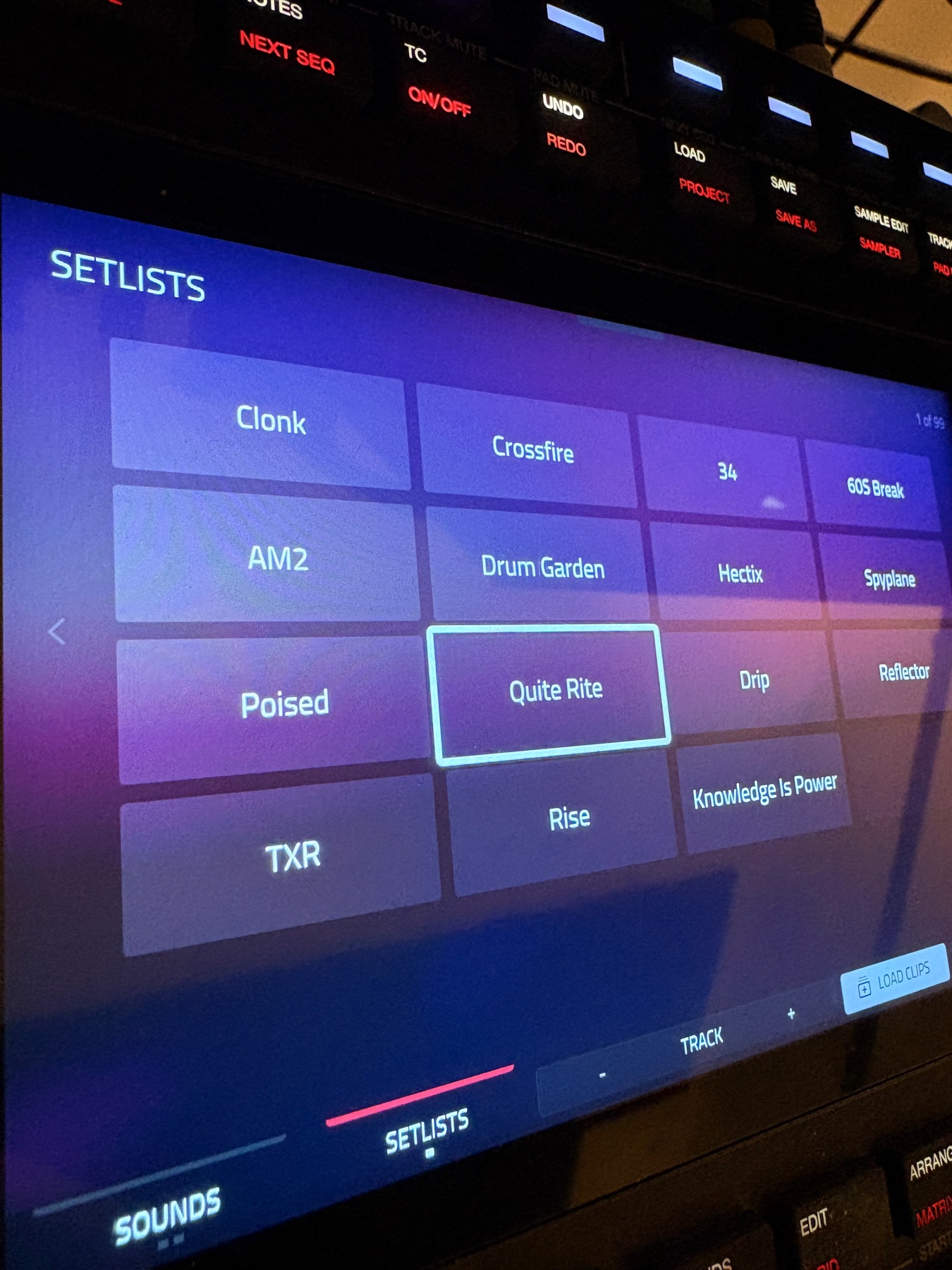 SETLISTS feature allows for the quick navigation to and loading of projects.